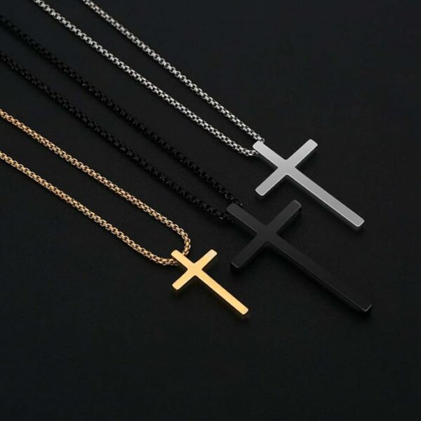 Cross Necklace for Men, Silver Black Gold Stainless Steel Plain Cross Pendant Necklace for Men Box Chain 16-30 Inch - Image 2