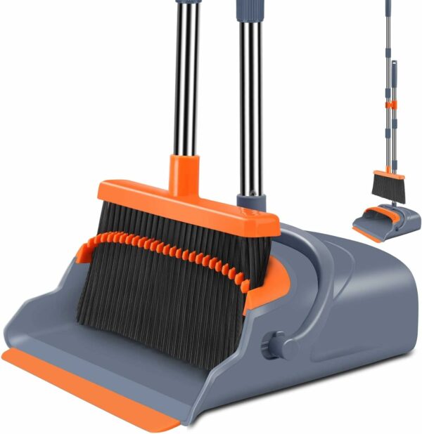 Upgrade Broom and Dustpan Set, Self-Cleaning with Dustpan Teeth, Indoor&Outdoor Sweeping, Ideal for Dog Cat Pets Home Use, Stand Up Broom and Dustpan