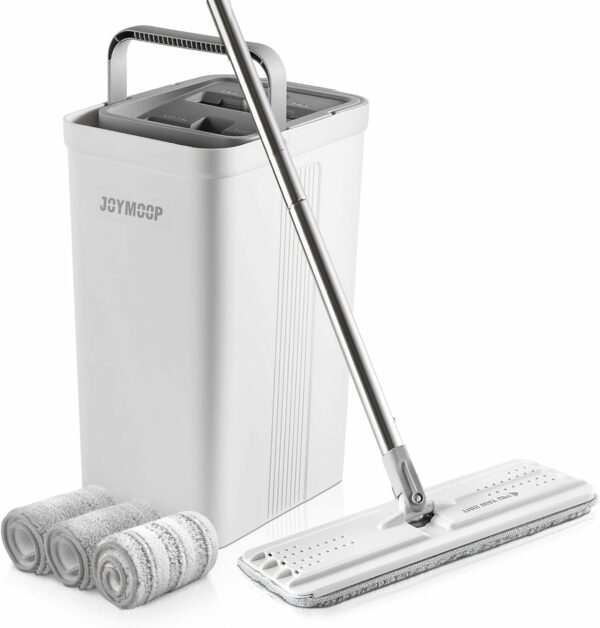 Mop and Bucket with Wringer Set for Home, Hands Free White Flat Squeeze Mop Bucket Set for Floor Cleaning and Wall Cleaner with Long Handle, with 3 Reusable Microfiber Pads