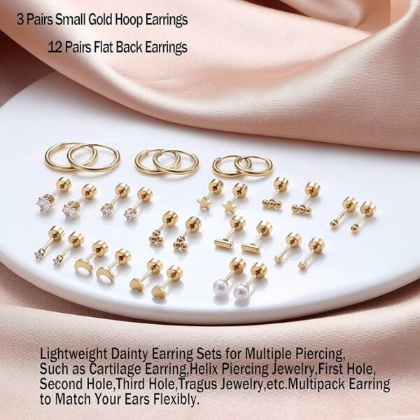 Small Hypoallergenic Flat Back Stud Earrings for Women Men 14K Gold Plated Surgical Stainless Steel Earring Sets Tiny Screw Back Cartilage Earring - Image 2