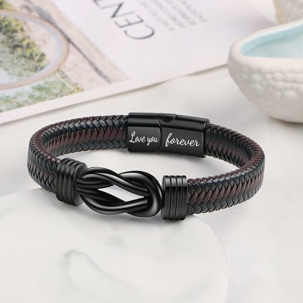 Brown Braided Leather Stainless Steel Infinity Bracelets Lettering Love You Forever Gifts for Son Grandson Husband Boyfriend Brother Always Linked Together - Image 2