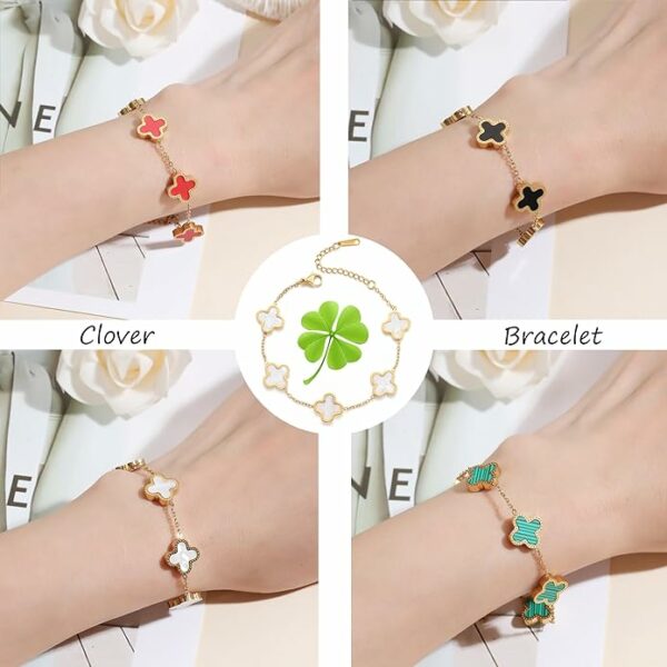 18K Gold Plated Clover Lucky Bracelet for Women White/Black/Red/Green Bracelets Cute Link Bracelets Jewelry Gifts Trendy for Women Teen Girls - Image 2