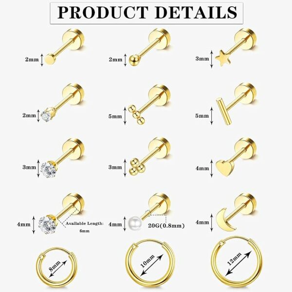 Small Hypoallergenic Flat Back Stud Earrings for Women Men 14K Gold Plated Surgical Stainless Steel Earring Sets Tiny Screw Back Cartilage Earring - Image 4