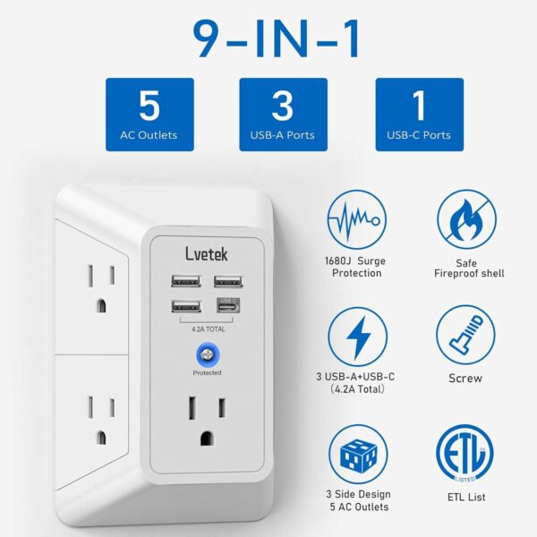 5-Outlet Surge Protector Wall Charger with 4 USB Ports - 1680J Multi Plug for Home, Office, Travel - Image 4