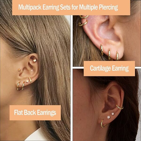 Small Hypoallergenic Flat Back Stud Earrings for Women Men 14K Gold Plated Surgical Stainless Steel Earring Sets Tiny Screw Back Cartilage Earring - Image 6