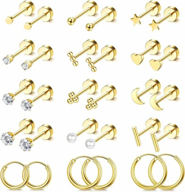 Small Hypoallergenic Flat Back Stud Earrings for Women Men 14K Gold Plated Surgical Stainless Steel Earring Sets Tiny Screw Back Cartilage Earring