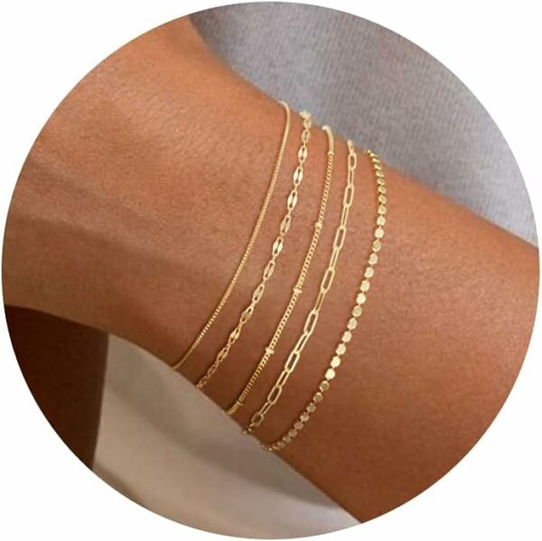 Gold Bracelets for Women, 14K Dainty Gold Plated Stackable Bracelets for Women Trendy Gold Bracelet Stack Set Waterproof Chain Bracelets Paperclip Adjustable Tennis Minimalist Tiny Cute Jewelry - Image 2