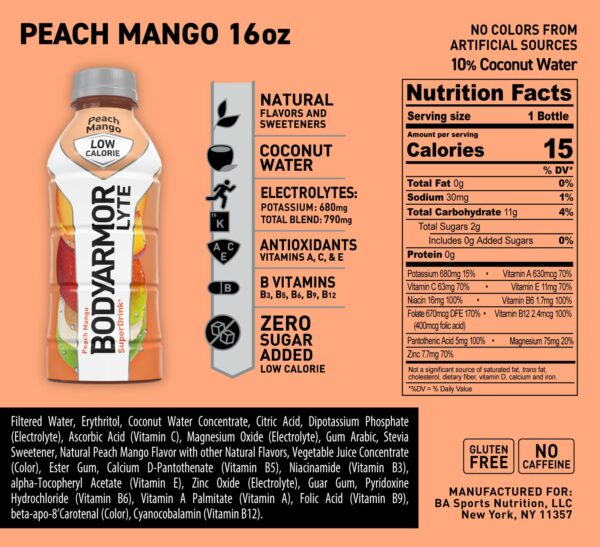 Drink Low-Calorie Sports Beverage, Peach Mango, Coconut Water Hydration, Natural Flavors With Vitamins, Potassium-Packed Electrolytes, Perfect For Athletes - Image 3