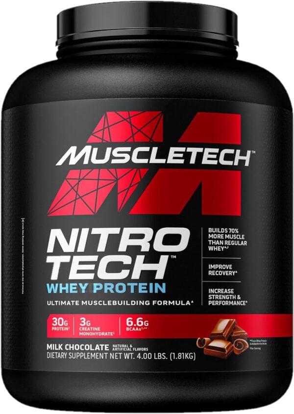 Muscletech Whey Protein Powder (Milk Chocolate, 4 Pound) - Nitro-Tech Muscle Building Formula with Whey Protein Isolate & Peptides - 30g of Protein, 3g of Creatine & 6.6g of BCAA - Image 2