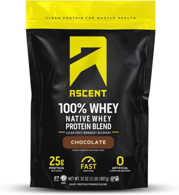 Ascent 100% Whey Protein Powder - Post Workout Whey Protein Isolate, Zero Artificial Flavors & Sweeteners, Gluten Free, 5.5g BCAA, 2.6g Leucine, Essential Amino Acids, Chocolate 2 lb