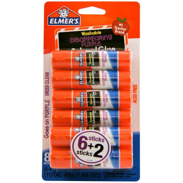 Elmer's Disappearing Purple School Glue Sticks, 0.21 oz Each, 8 Sticks per Pack (E1591)