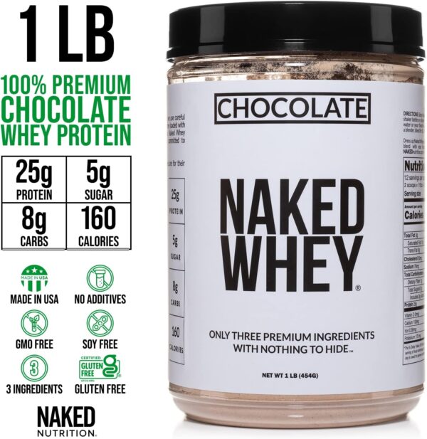 Naked Whey 1LB - All Natural Grass Fed Whey Protein Powder, Organic Chocolate, and Coconut Sugar - No GMO, No Soy, and Gluten Free, Aid Growth and Recovery - 12 Servings