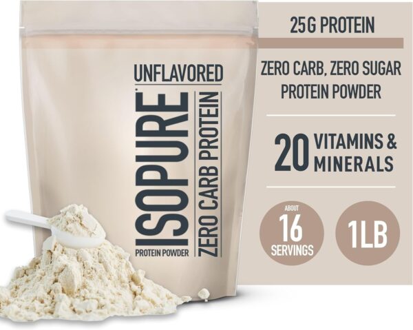 Isopure Unflavored Protein, Whey Isolate, 25g Protein, Zero Carb & Keto Friendly, 2 Ingredients, 16 Servings, 1 Pound (Packaging May Vary)